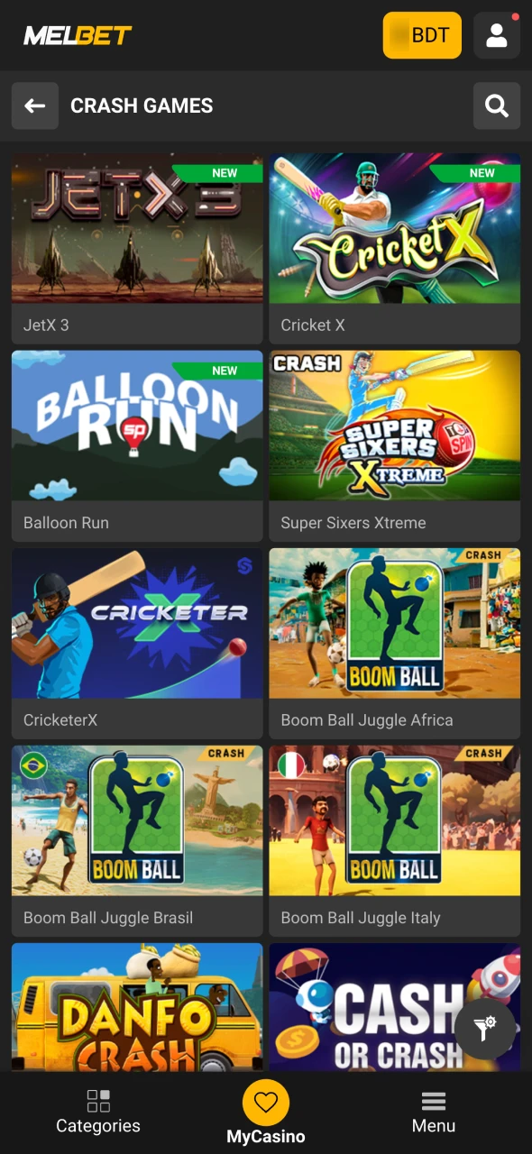 Enter the Melbet crash games section.