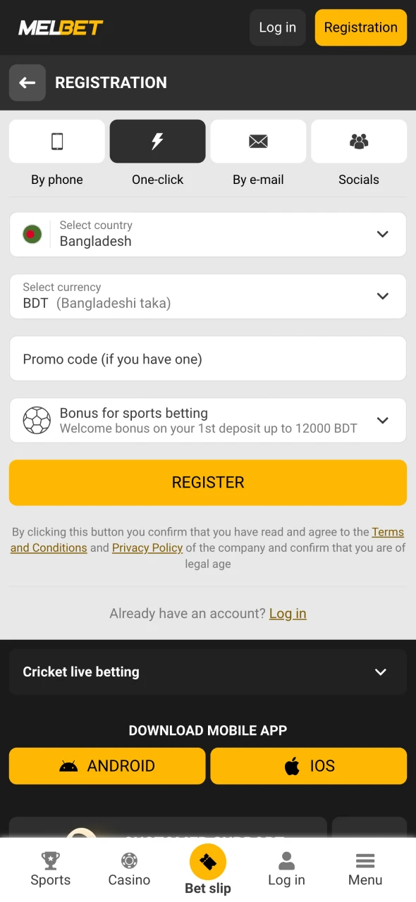 Register an account at Melbet official website.