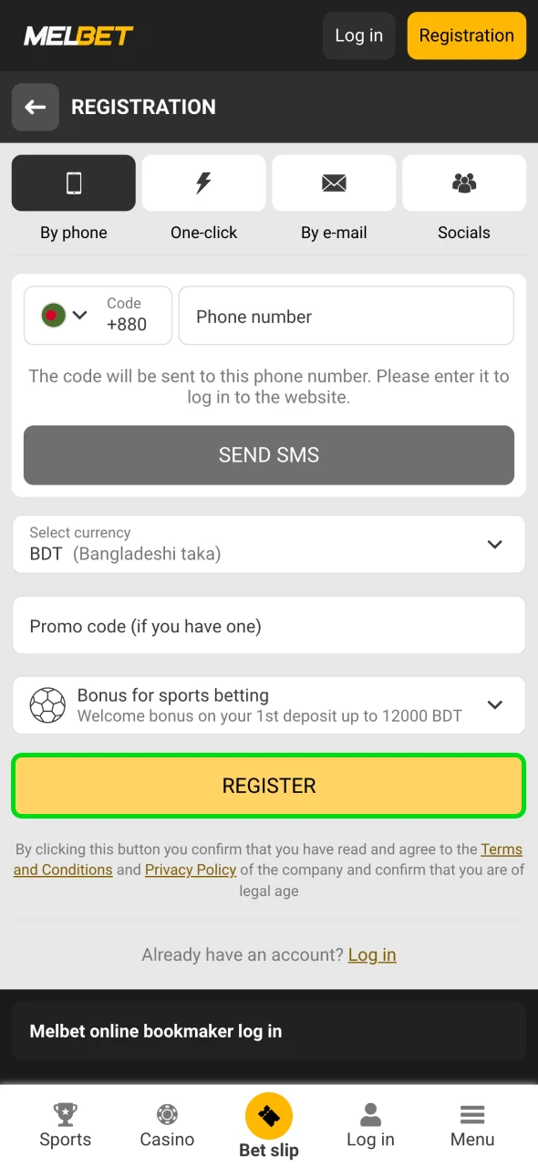 Create your account on Melbet website.