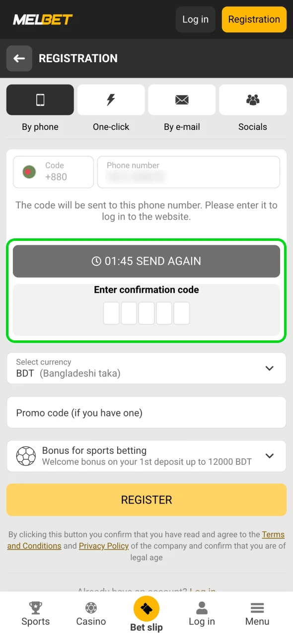 At Melbet registration form verify your phone number.