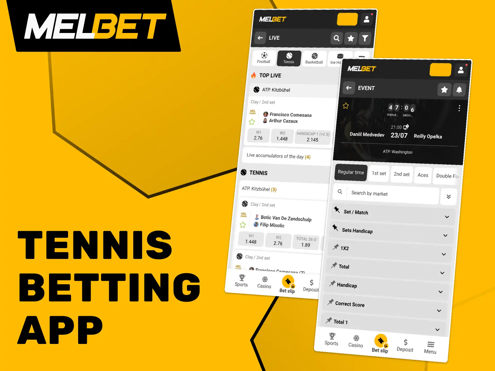 Melbet tennis betting app lets you place bets and track live scores anywhere.