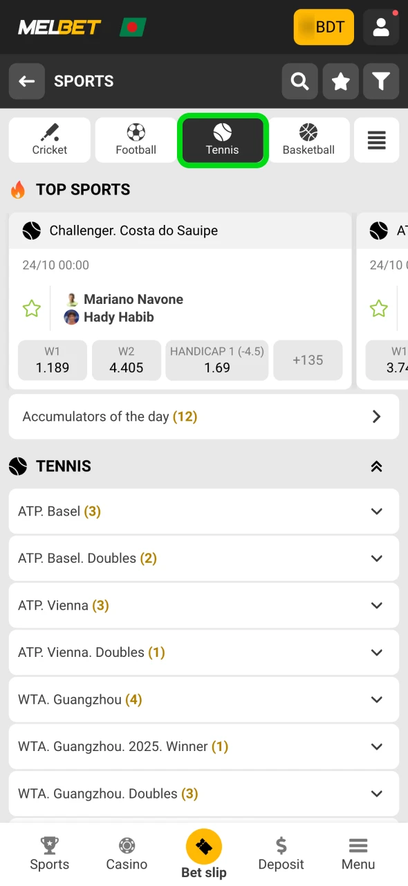 Select the tennis category at Melbet sports section.