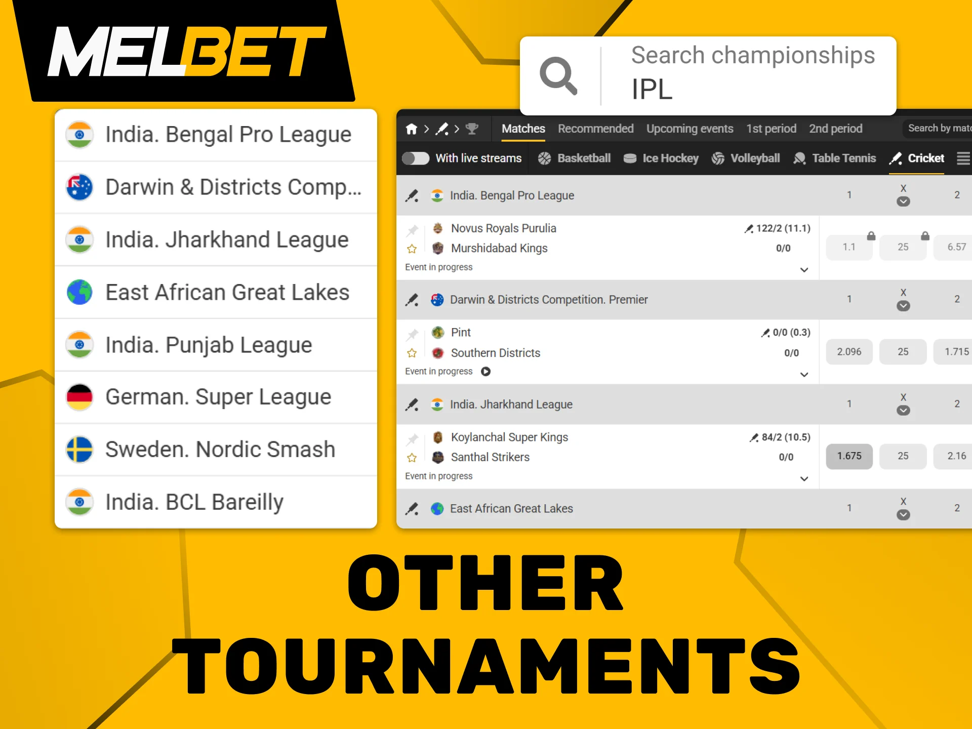 Discover competitive betting odds for other major cricket tournaments around the world at Melbet.